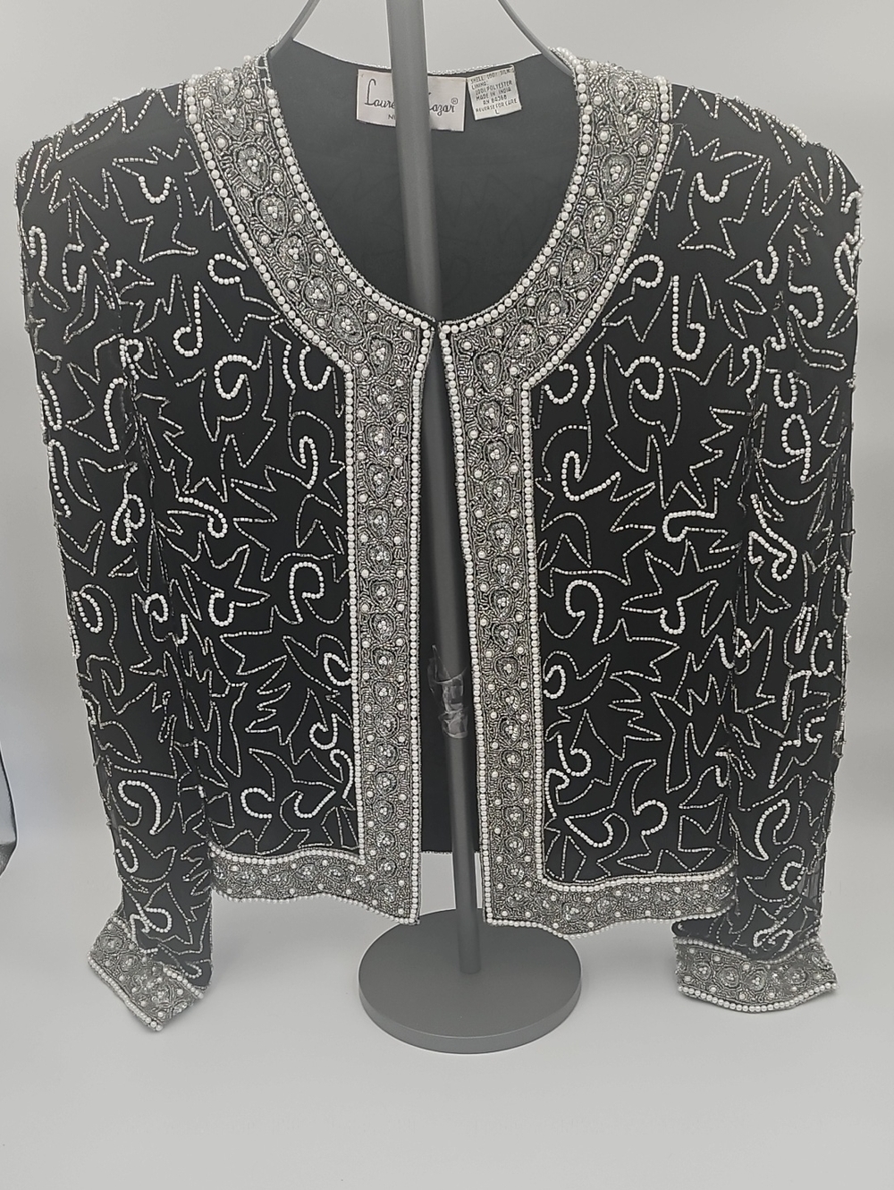 Womens Vintage Lawrence Kazar New York Black Silk Beaded Jacket Size L